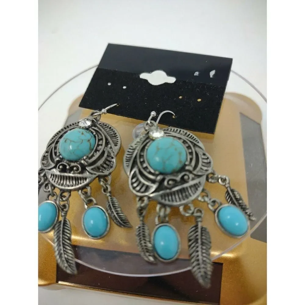 Dangly Earrings American Southwest USA Style Turquoise with Feathers and Stone - Picture 4 of 5